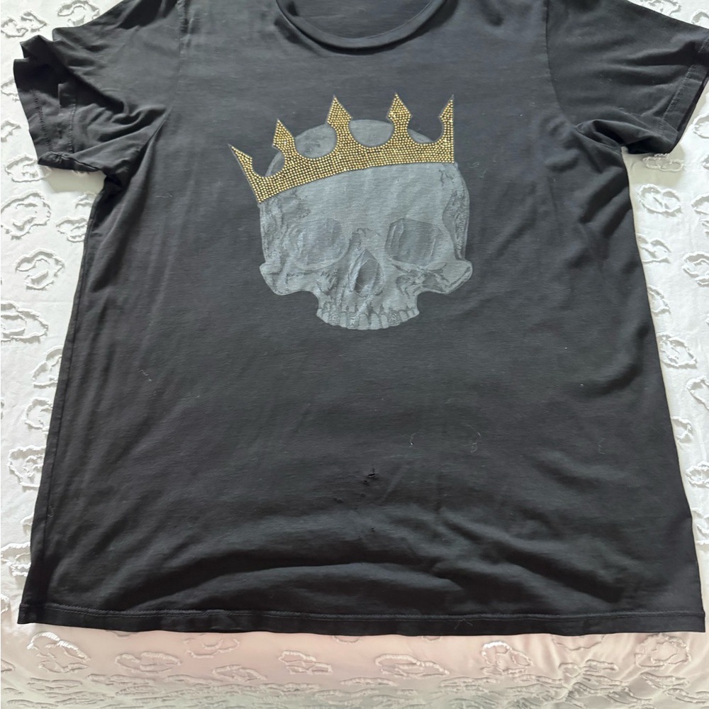 Lauren Moshi Black T-Shirt with Skull and Gold Crown Design
